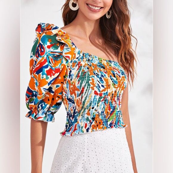 SHEIN Allover Print Ruffle One Shoulder Puff Sleeve Top XL NWOT - Picture 1 of 11